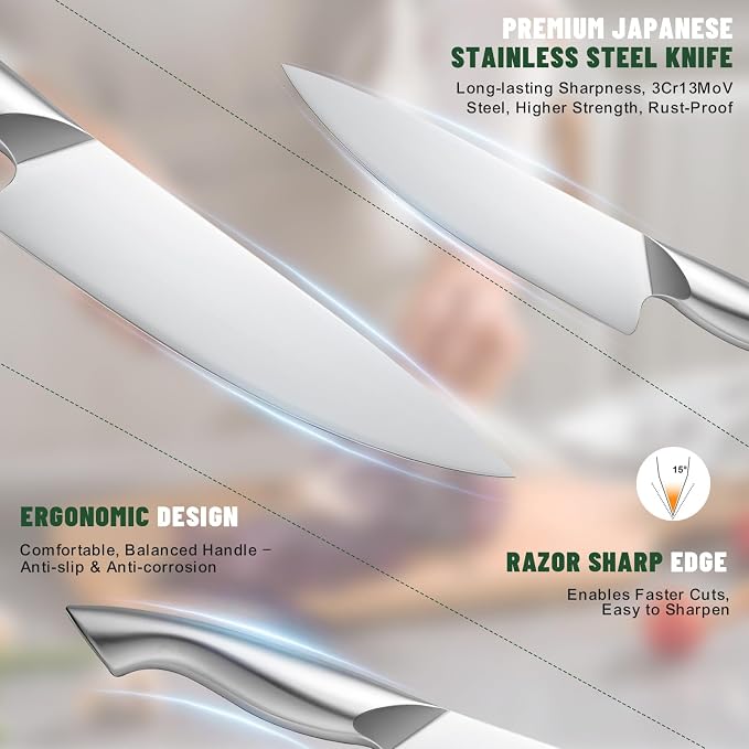 Knife Set, EWFEN 14-Piece Kitchen Knife Set with Block, German Stainless Steel Knives with Built-in Knife Sharpener, Anti-Slip Sharp Knives Set for Kitchen, Dishwasher Safe, Curved Handle