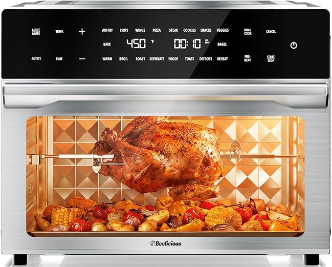 Beelicious 32QT Extra Large Air Fryer, 19-In-1 Air Fryer Toaster Oven Combo with Rotisserie and Dehydrator, Digital Convection Oven Countertop Airfryer Fit 13" Pizza, 6 Accessories, Stainless Steel