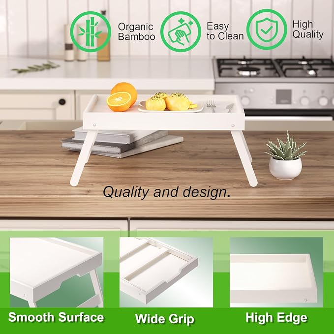 Fibogollo 4 Pack Bamboo Bed Tray Table with Folding Legs,Breakfast Trays,Serving Tray for Food and Snack,Laptop Trays for Working(White)