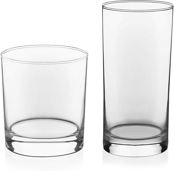 Province Tumbler & Rocks Drinking Glasses Set of 16, Tall Glass Cups | 15.2 oz and 11.1 oz Capacities for Water, Juice, Cocktails, and More with Lightweight Design and Dishwasher-Safe Cleanup