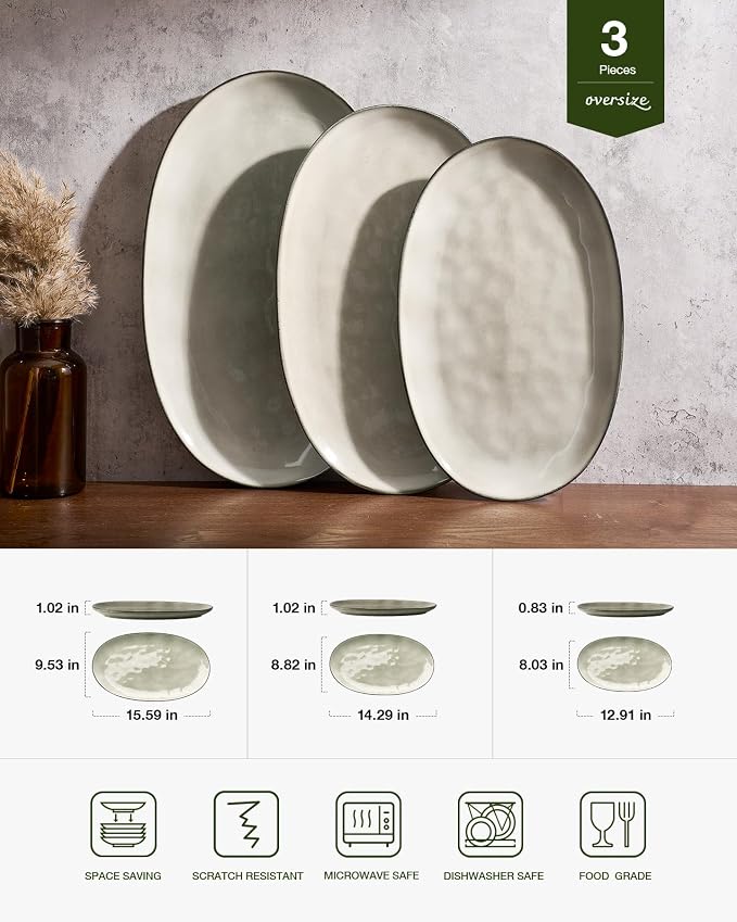 famiware Serving Platters Set of 3 Sizes - Oval, Light khaki | 15.59"/14.3"/12.9" Fine Stoneware Serving Trays for Party, Entertaining for Food, Turkey, Cheese, Microwave Dishwasher Safe
