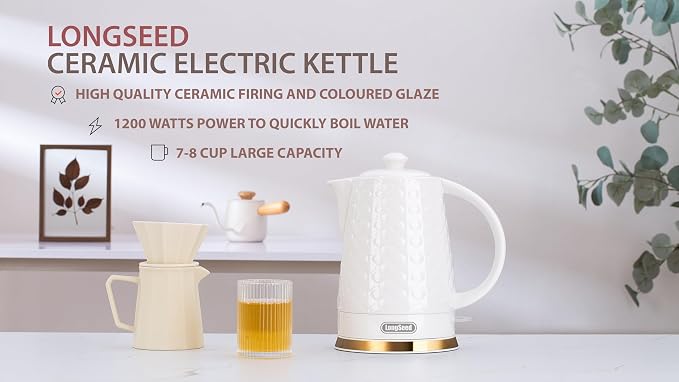 1.5L Ceramic Electric Kettle, 1200W Fast Boil Retro Tea Pot with LED Light, BPA-Free Porcelain Cordless Water Boiler, Auto Shut-Off & Boil-Dry Protection, White Relief Carving