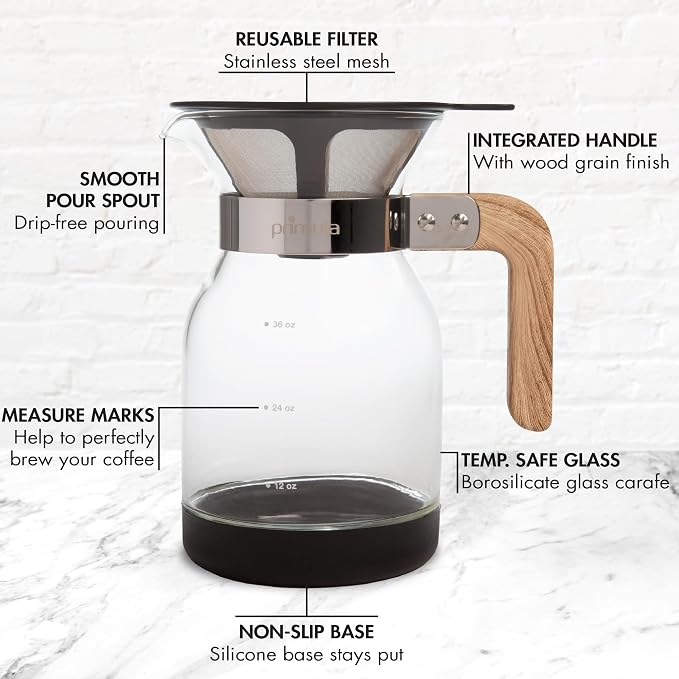 Primula Park Pour Over Park Set with Permanent Reusable Removable Ultra Fine Micro Mesh Stainless Steel Filter, Coffee Dripper Pour Over Maker Brewer Pot, Borosilicate Glass, Easy to Use, 36 oz