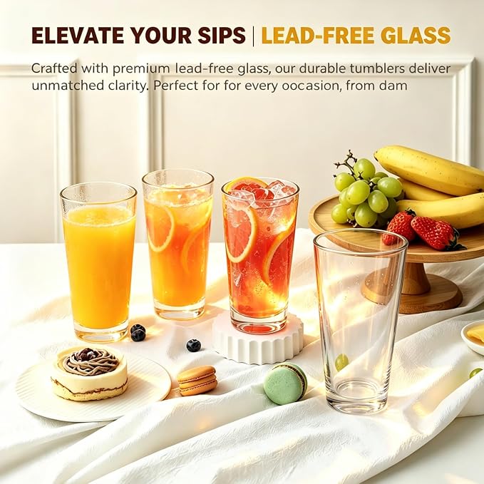 QAPPDA 16oz Highball Glasses Set of 6, Thick Clear Tall Drinking Glasses | Dishwasher Safe Water Glassware For Bar, Juice, Beer, Iced Tea, Everyday Cordial Bar Glasses Drinkware
