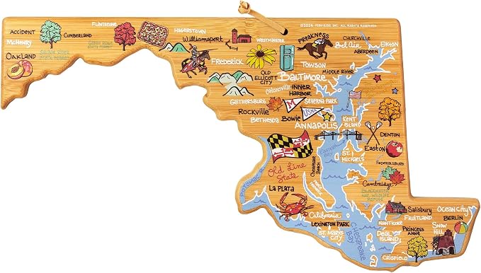 Totally Bamboo Maryland State Shaped Cutting Board, Art by Fish Kiss | State charcuterie board with colorful hand-drawn map artwork. Smooth reverse side for food prep. Hang tie for wall display.