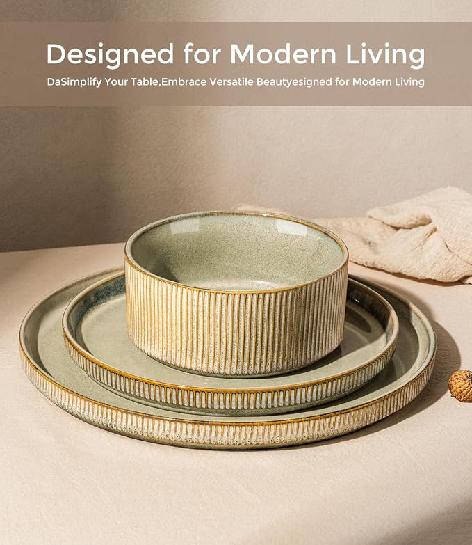 GBHOME Stoneware Dinnerware Sets for 4,12-Piece Plates and Bowls Set | Handmade Reactive Glaze Ceramic Dish Set, Scratch Resistant, Dishwasher&Microwave Safe,Desert Sage