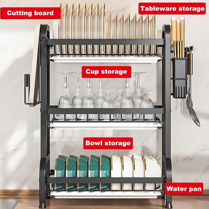 Dish Drying Rack,Dish Racks Drainer,Keep Kitchen Sink Shlef Organized | Over The Sink Dish Drainer Drying Rack 3 Tier with Drain Tray,Chopsticks Rack,Knife Holder
