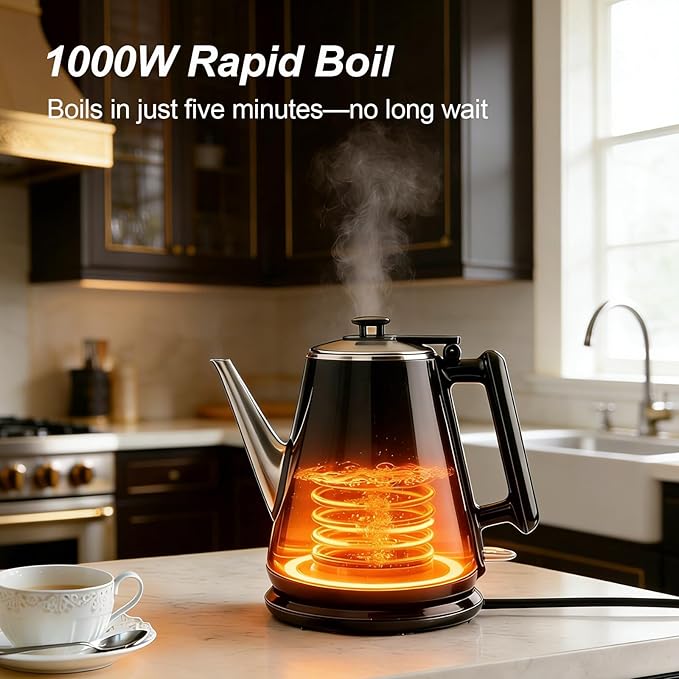 Small Gooseneck Electric Kettle 0.9L, 1000W 304 Stainless Steel | BPA Free, Auto Shut-Off & Boil-Dry Protection, Easy to Use, Vintage Design Tea Kettle Fast Boiling for Home Office Dorm RV