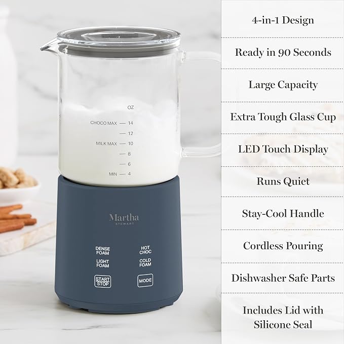 Martha Stewart 10oz Milk Frother & Steamer, 4 Presets, 300ml Glass Pitcher | Light, Dense, Cold Foam & Hot Chocolate, Ready in 90 Seconds, Cordless Pouring, Runs Quiet, Almond, Soy & Oat Milk, Indigo