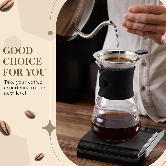 500ml Pour over Coffee Maker Glass Drip Coffee Maker with Reusable Stainless Filter and Grip for Home Office
