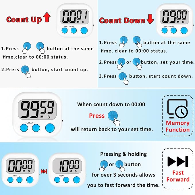 ZILLEEN Digital Kitchen Classroom Timers for Kids Cooking 12pcs Wht Blu Grn | Strong Magnetic, Large Screen, Big Button, Count Up/Down, Loud Alarm, Teacher Classroom Must Haves Supplies