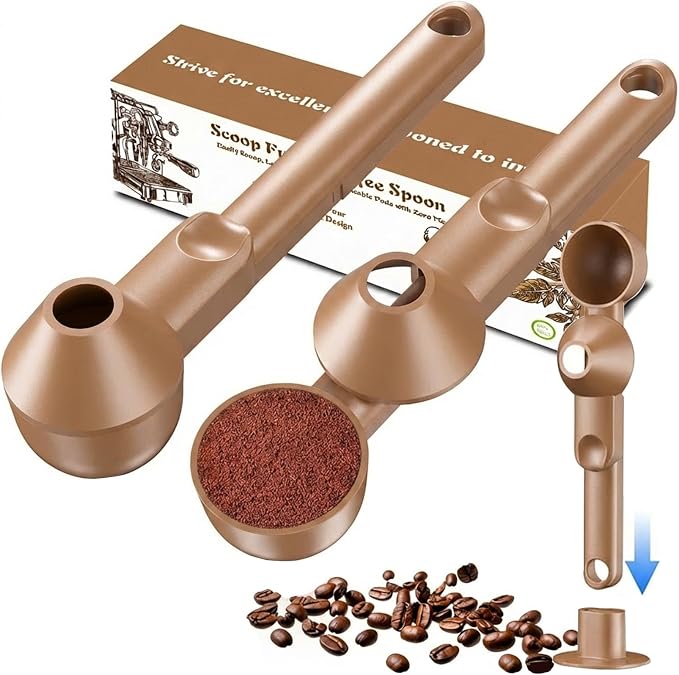 Coffee Scoop with Funnel for Ground Coffee, Protein Powder & Tea, 2 Tbsp | Mess-Free Scoop Funnel for Reusable K-Cup, Countertop Design for Home & Office, Handy Long Handle, Easy to Clean, 2-Pack