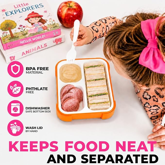 kinsho Bento Box for Kids, Toddler Lunch Boxes Snack Container for Small Boys Girls School Daycare, Leakproof 3 Compartments, Adult Portion Control Snacks, BPA Free. Medium Orange Pink 2 Pack