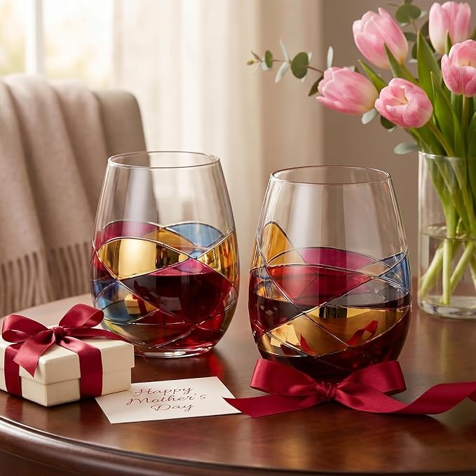 Artisanal Hand Painted Stemless Wine Glasses - Everyday Celebrations, Gift Idea for Wife, Mom, Valentine, Holiday Renaissance Romantic Stain-glassed Windows, 2 Set - Gift Idea Birthday, Housewarming