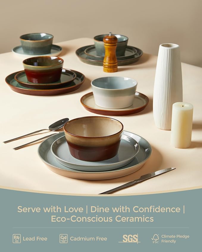 Dinnerware Sets for 8, Ceramic Plates and Bowls Set, Modern Artisan Dish Set, Microwave & Dishwasher Safe Dishware Set, Chip & Scratch Resistant Dinner Sets, Gradient Green