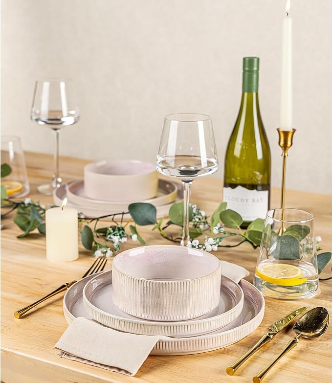 Ceramic Dinnerware Set for 6, 18-Piece Plates and Bowls Set | Lightweight Porcelain Dish Set, Scratch Resistant, Oven & Microwave & Dishwasher Safe, Primrose Pink