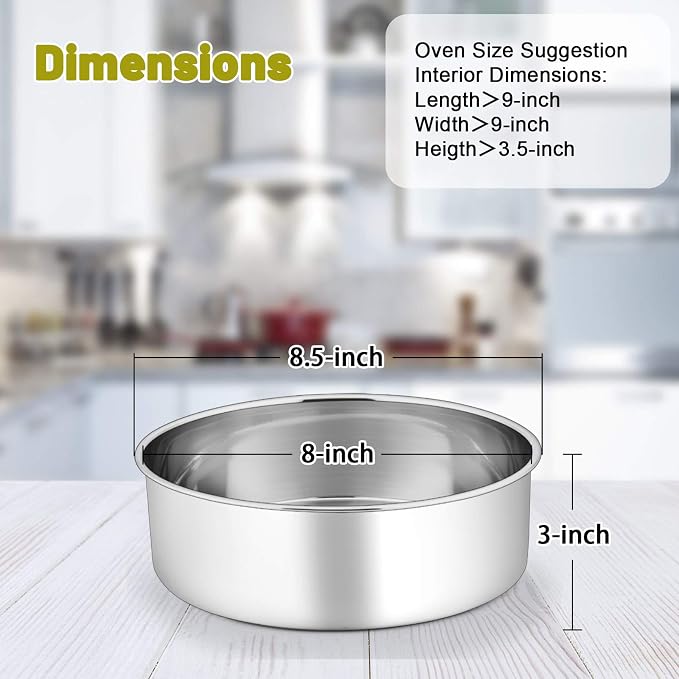 P&P CHEF 8 Inch Cake Pans Set, 2Pcs Stainless Steel Round Baking Pan | Round Layer Cake Tins for Birthday Wedding, Non Toxic & Heavy Duty, 3 Inch Deep Side & Mirror Finish, Oven & Dishwasher Safe