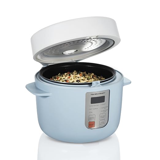 Hamilton Beach Digital Programmable Rice Cooker & Food Steamer | 12 Cups Cooked (6 Uncooked) | Slow Cooker & Hard-Boiled Egg Settings | PFAS-Free Nonstick Pot | Steam Basket | Blue
