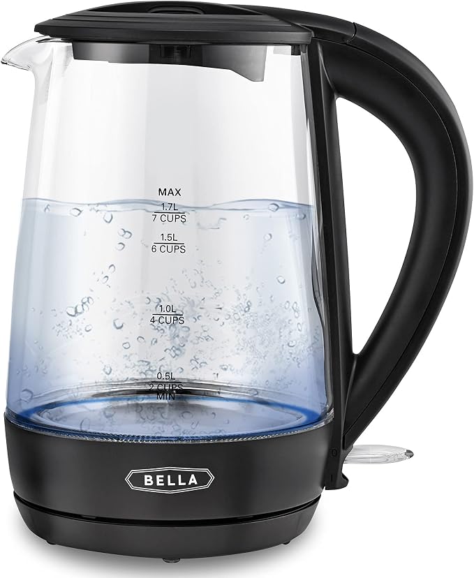 bella 1.7 Liter Glass Electric Kettle, Quickly Boil 7-cups of water, Black
