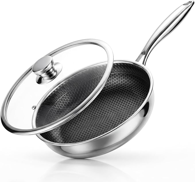 GPY 12 Inch Non Stick Frying Pan with Lid, 316L Stainless Steel Frying Pan | Skillet with Honeycomb Surface Compatible with All Cooktops, Dishwasher Safe & Oven Safe PTFE & PFOA FREE Kitchen Cookware