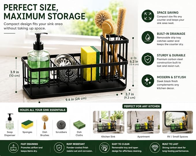Kitchen Sink Caddy Organizer with Removable with Drain Tray, Rustproof Sponge Holder for Kitchen Counter, Carbon Steel Sink Organizer for Soap Dispenser, Sponge, Scrub Brush & Cleaning Accesories
