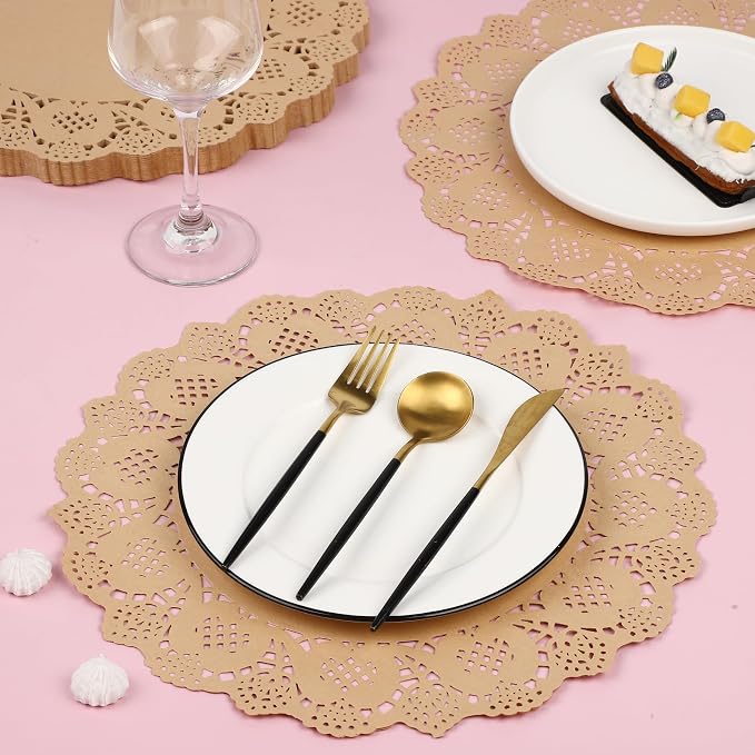 MCEAST 100 Pack Round Brown Kraft Paper Doilies 13.5 Inches Lace Paper Place Mats Rustic Scallop Doily Disposable Table Pads for Food Cakes Crafts Party Weddings Tableware Decor