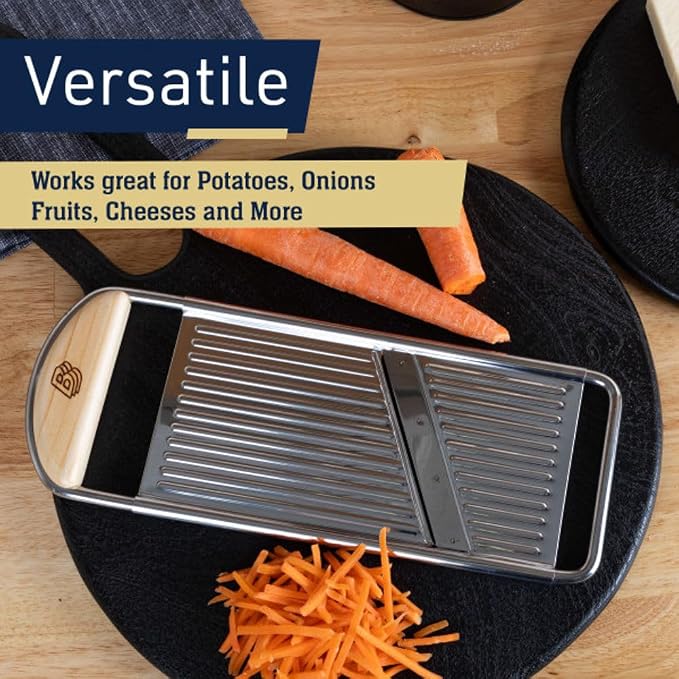 Kings County Tools Handheld Mandoline Slicer for Kitchen, 12” x 4.5” | Stainless Steel Flat Mandolin with Cherrywood Handle, Julienne Cutter for Vegetable and Fruits, Italian Made Kitchen Gadgets