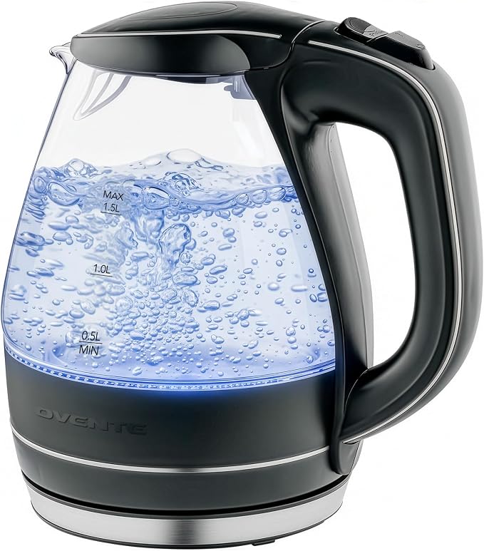 OVENTE 1.5L Glass Electric Kettle Water Boiler, Black KG83B | 1100W Fast Boiling, Borosilicate Glass, BPA-Free, Blue LED, Auto Shut-Off, Boil-Dry Protection, Removable Filter, 360° Base