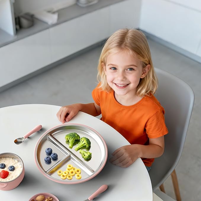 Bakpoco 9" Stainless Steel Divided Toddler Plates with Removable Suction | Baby Plate with Silicone Sleeves for Kids Girls Non-Toxic Unbreakable Dishwasher Safe Dinnerware Set of 2, Pink & Beige