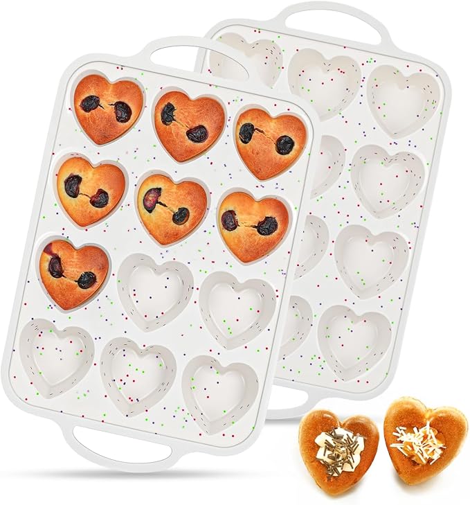 Heart Shaped Muffin Pan, Silicone Heart Mold with Metal Reinforced Frame | 2 Pcs, Nonstick, BPA Free, Oven Dishwasher Safe, Food-Grade Silicone, 12-Cavity for Muffins, Cupcakes, Bread