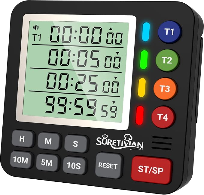 Digital Kitchen Timer with 4 Channel, Loud Alarm and Silent Mode | Magnetic Cooking Timer with Count Up & Countdown for Kids and Seniors, Large Display to Read, Auto Memory, Battery Included