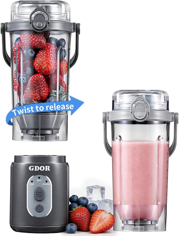 GDOR Portable Smoothie Blender, Twist & Go, Personal Blender Shakes and Smoothies, 3 Auto Programs, Ice Crush, 2x23 oz, Cordless, Dishwasher Safe, BPA-Free