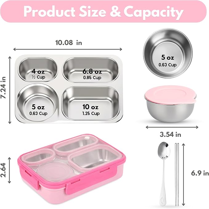 Homaze Kids Adults Stainless Steel Bento Box, 4-Compartment Metal Lunch Box