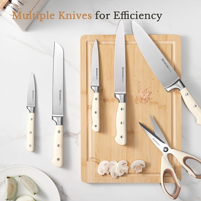 Knife Set,Astercook Kitchen Knife Set with Block 22-Piece Full Tang Stainless Steel Knives with Sharpener Dishwasher Safe and Anti-Slip Ergonomic Handle Elegant Cream White Utensils Set
