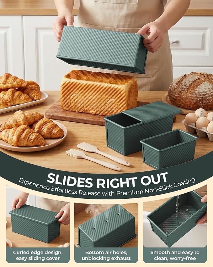 CARTMAN 3-Piece Pullman Loaf Pan with Lid, 2.2/1/0.8 LB Bread Pan, Green | Includes 2.2/1/0.8 LB sizes & silicone tools, bottom vents, nonstick carbon steel, nesting storage, for bread & brownies