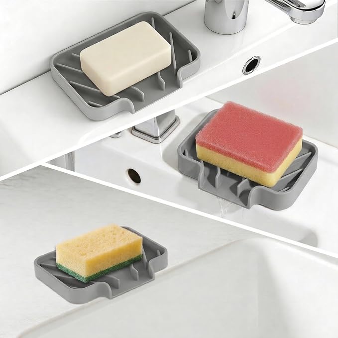 GUUKIN Sponge Holder for Kitchen Sink, 5x3.5 Inch Auto-Draining Soap Tray & Sink Organizer | Compatible with Scrub Daddy, Keep Countertops Dry, Kitchen Sink Accessories (Grey)