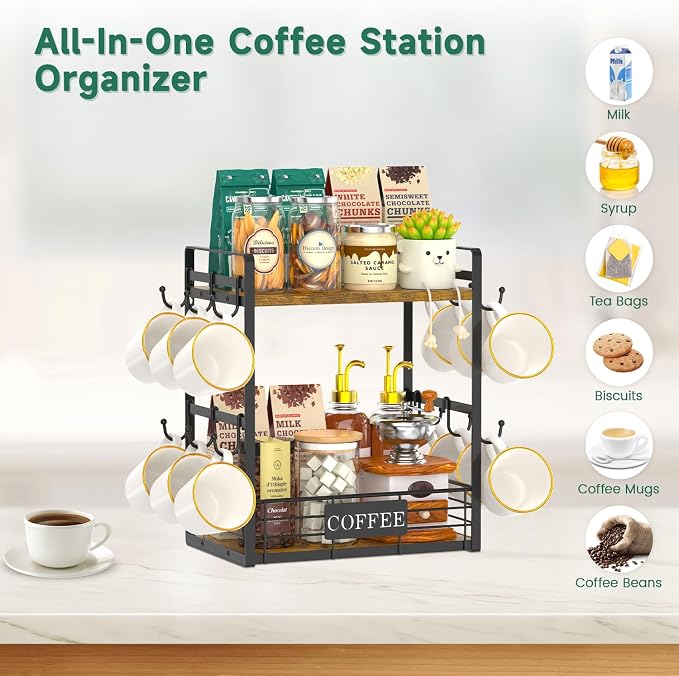 EsLuker.ly Coffee Mug Cup Holder Tree Bar Station Organizer, 2 Tier | Mug Stand Rack for Countertop Kitchen, Storage Tower Display Shelf with 12 Hooks, Coffee Nook Enhancer