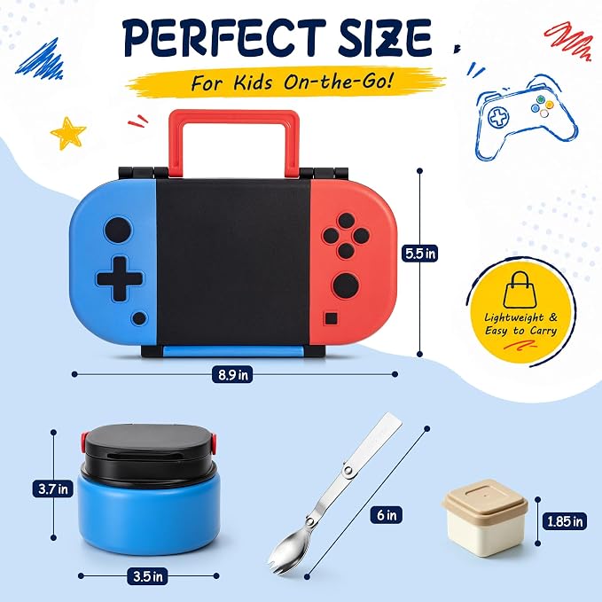 Kids Lunch Box with 9oz Thermo, Game Bento Box for Boys & Girls, 2-Compartment Meal Container with Stainless Steel Spoon & Sauce Cup, Food-Grade, Dishwasher Safe, Ideal for School & Travel (Blue/Red)