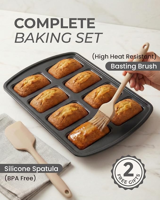 CARTMAN 2-Pack 8-Cavity Mini Loaf Pans, Carbon Steel Bread Pan Set, Black | Includes spatula & brush, 0.6mm carbon steel, nonstick release, for banana bread, mini meatloaf, ideal for keto & meal prep