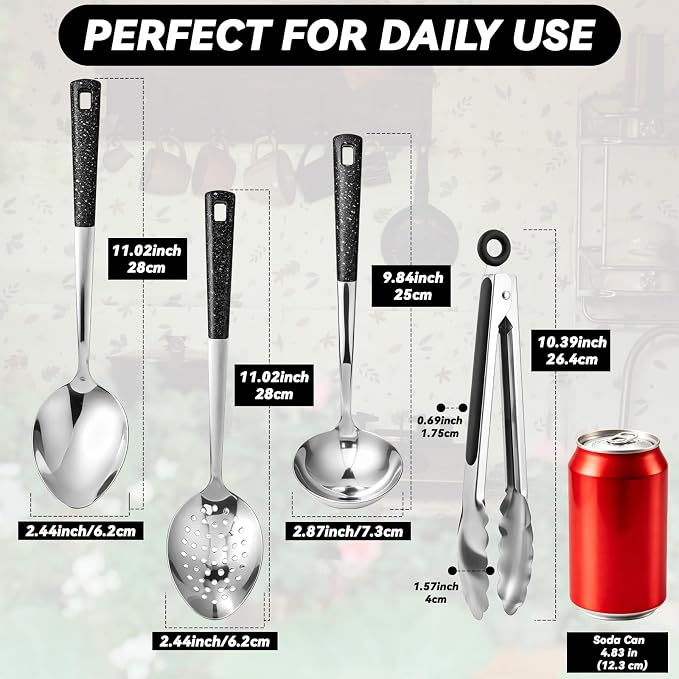 7 Pcs Stainless Steel Serving Spoon and Kitchen Cooking Utensils Set | Large Metal Spoon Soup Ladle Slotted Spoons Tongs for Buffet Catering, Heat Resistant Handle, Dishwasher Safe
