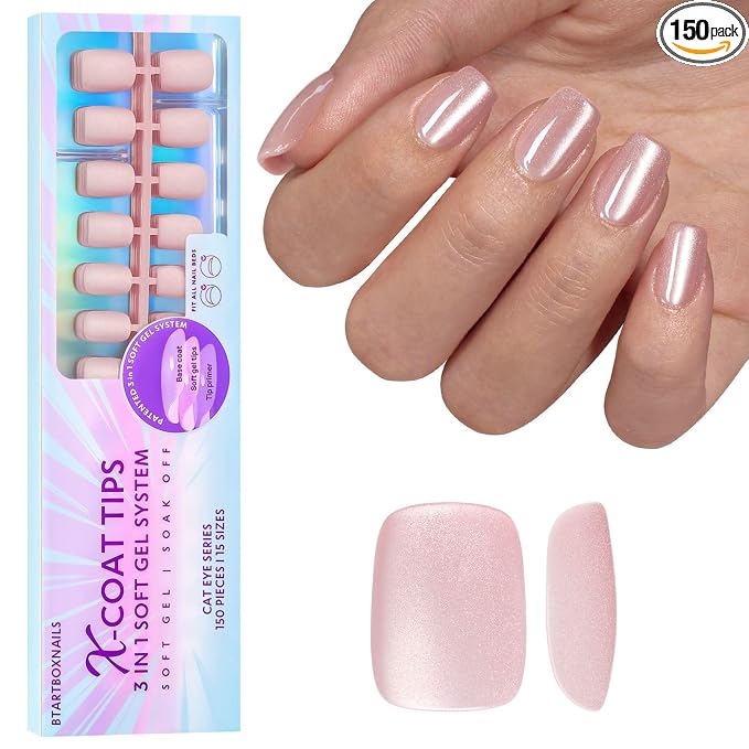 BTArtboxnails XCOATTIPS Cat Eye Press On Nails, Short Square, Bling Baby | Lamp-Curable 4-Week Wear, Salon Quality Value at Home, Natural Nail Look, Easy-to-Apply for Beginners, 150ct Nail Tips Only