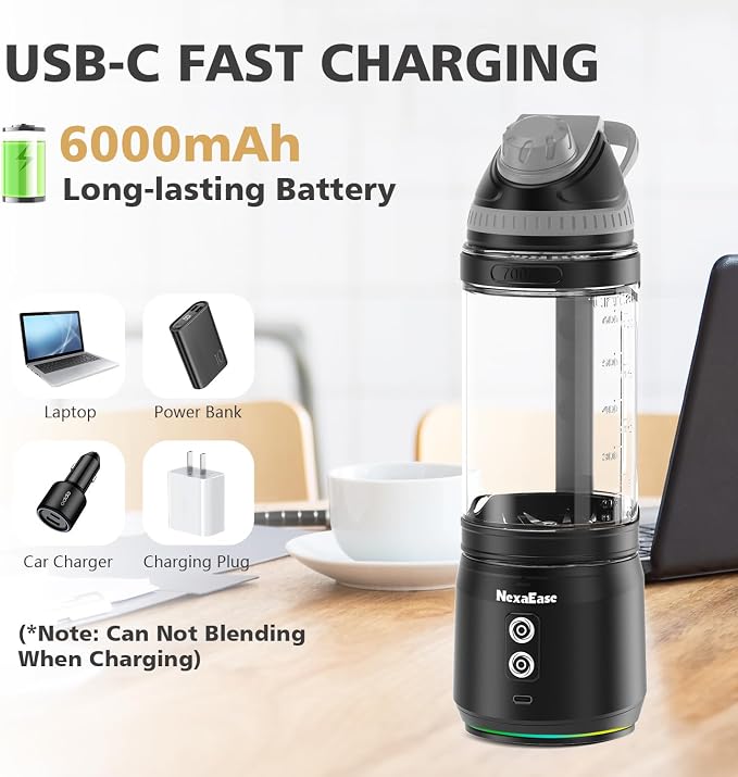 Portable Blender Personal Juicer for Shakes Smoothies with Travel Lid | 24 Oz Electric Protein Shaker Bottle, USB-C Rechargeable, Mini Small Cordless Blender Cup for Kitchen Travel Gym