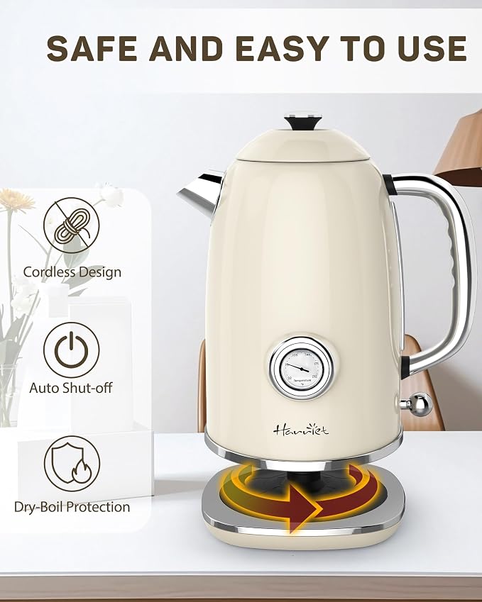 Harriet 61oz Electric Kettle with Thermometer, Retro Hot Water Boiler | 1500W Hot Water Kettle, Electric Tea Kettle for Boiling Water, LED Indicator, Auto Shut-Off & Boil Dry Protection