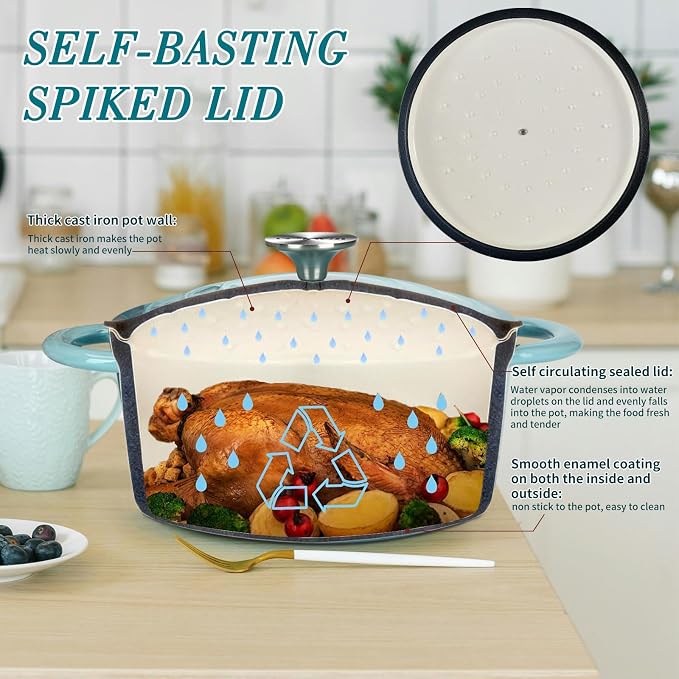 Cast Iron Dutch Oven, 3 QT Round Dutch Oven Pot with Self Basting Lid for Home Baking, Braiser, Cooking, Great Christmas Gifts for Family,Teal