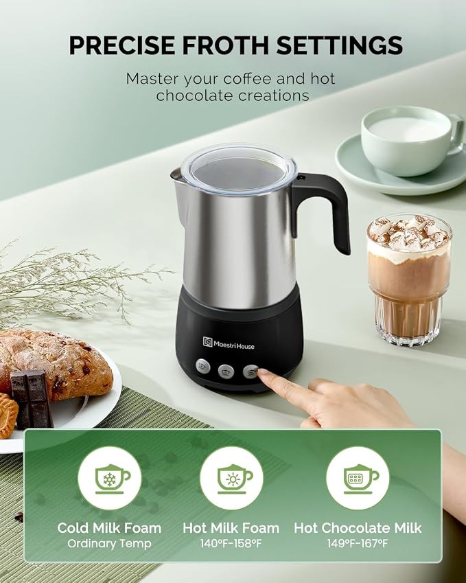 Maestri House 16.9OZDualFro 400 Electric Milk Steamer and Frother | 4-in-1 600W Smart Touch Control Hot and Cold Foam Maker, Memory Function for Latte, Cappuccinos, Milk, Chocolate Milk