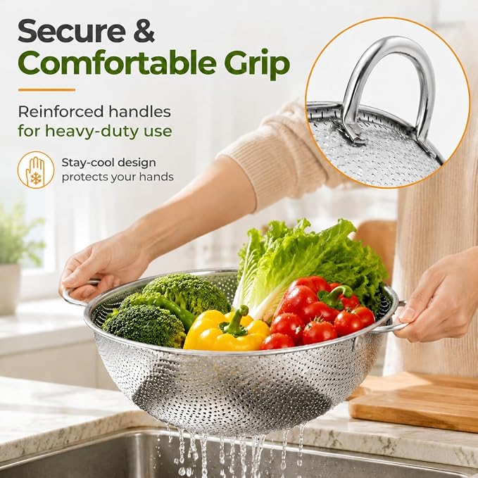 TeamFar Colander Set of 3, Stainless Steel Perforated Colander Strainer | Metal Food Strainer for Draining/Washing/Rinsing Pasta Vegetables Fruits, Healthy, Sturdy & Dishwasher Safe - 1/3/5 Quart
