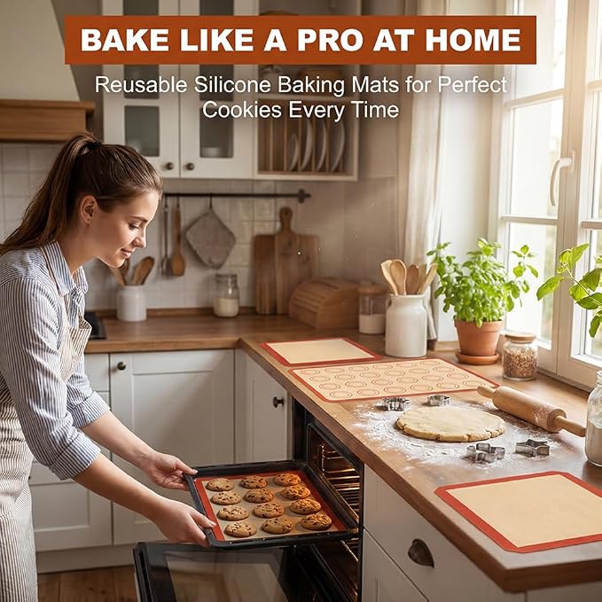 Silicone Baking Mat Set of 6, Reusable Baking Sheet Set Food Grade Oven Liner Sheet Non-Stick & Easy Clean Pastry Board Rolling Dough Mats for Macaron, Cookie, Pizza, Bread