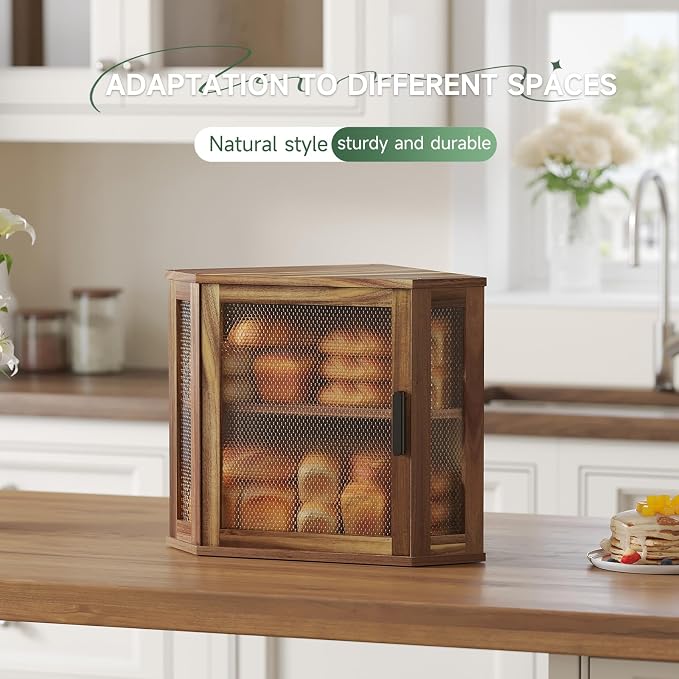 STDDRE Corner Bread Box for Kitchen Countertop 2-Tier Acacia Wood Kitchen Countertop Bread Storage Large Capacity Farmhouse Bread Box with Window Bread Holder Corner Food Organizer (Medium)