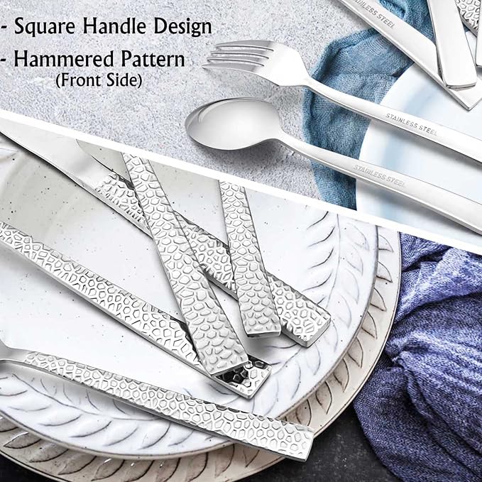 E-far 50-Piece Hammered Silverware Set, Stainless Steel Square Flatware Set Service for 10, Tableware Cutlery Set Includes Forks Spoons Knives, Modern Design & Mirror Polished - Dishwasher Safe