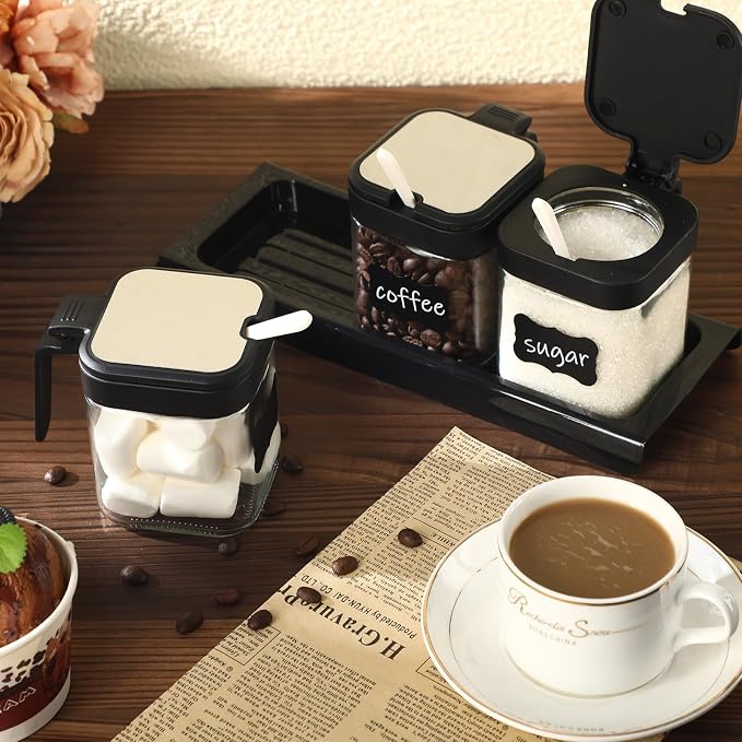 3 Pcs Glass Coffee Containers Coffee Station Organizer Set, Airtight Bean Storage Jars with Shelf,labels,spoon, Base and Pen,for Sugar, Candy, Oats, Nuts(Black)